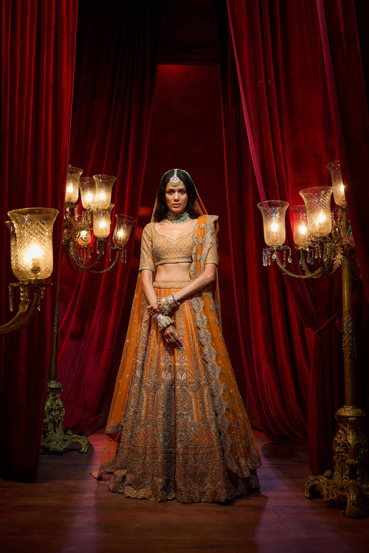 Rust Raw Silk Hand & Machine Embroidered Lehenga Set