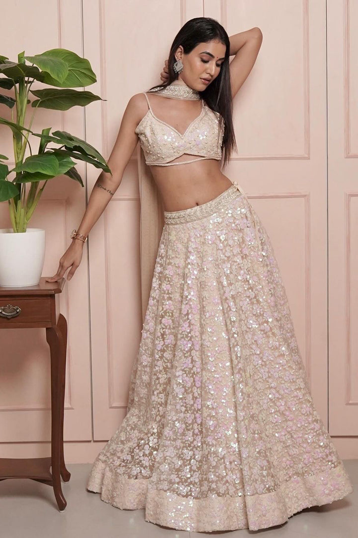 Beige Sequin Work Lehenga Set