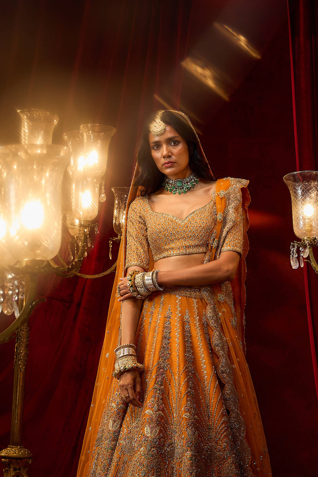 Rust Raw Silk Hand & Machine Embroidered Lehenga Set