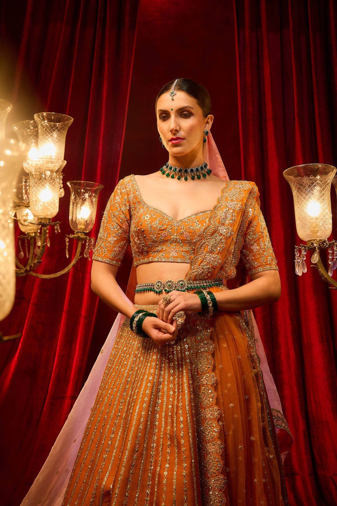 Rust Raw Silk Hand & Machine Embroidered Lehenga Set