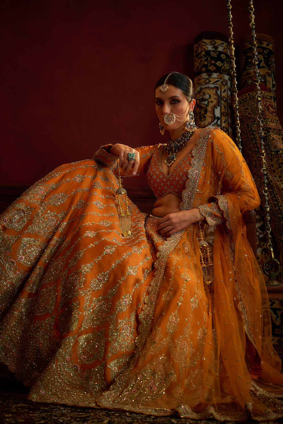 Rust Raw Silk Hand & Machine Embroidered Lehenga Set