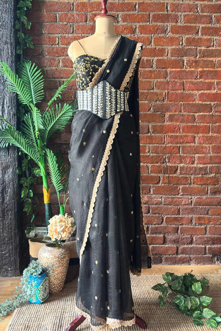 Black Organza Saree With Mirror Work Corset Belt