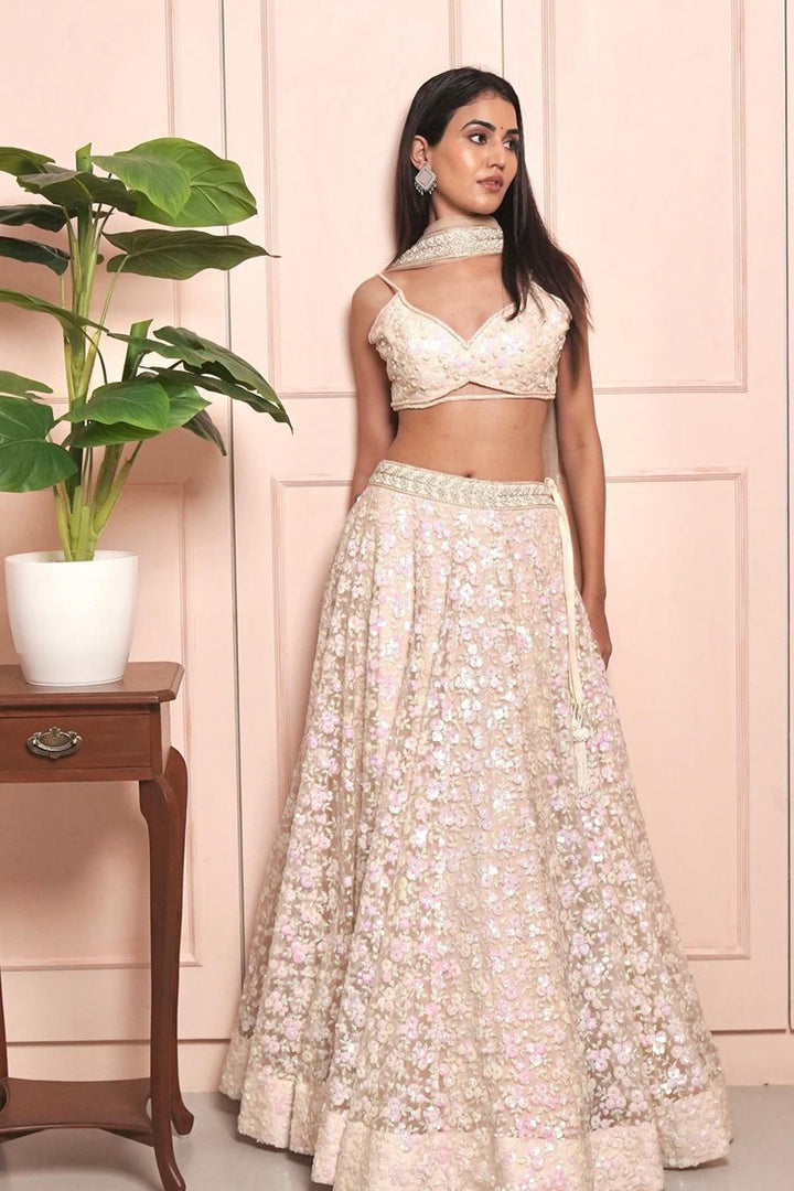 Beige Sequin Work Lehenga Set