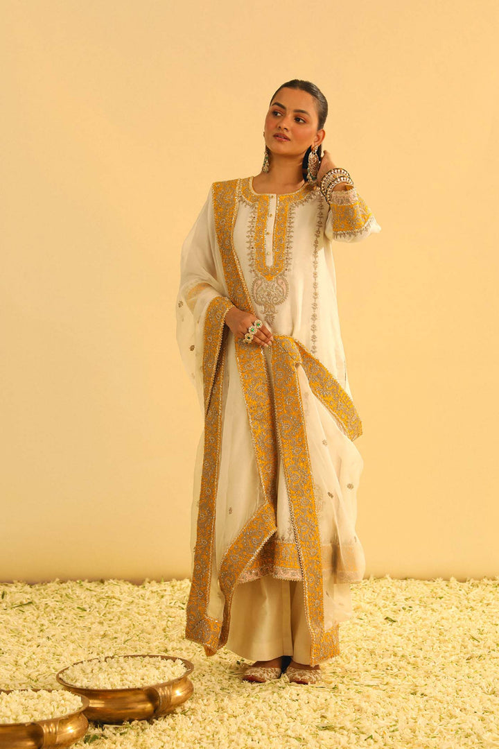 Asmira - Daisy Ivory Long Kurta With Palazzo & Dupatta