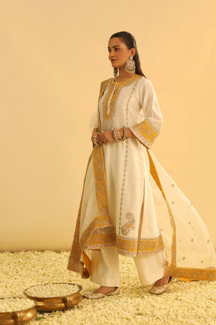 Asmira - Daisy Ivory Long Kurta With Palazzo & Dupatta