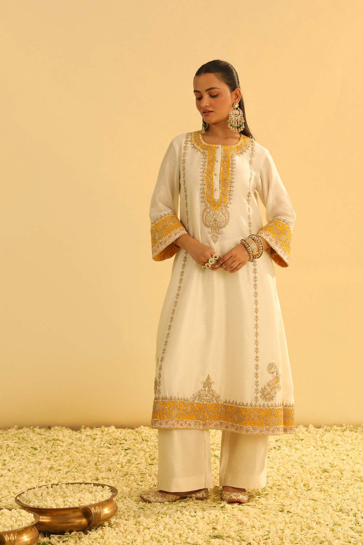 Asmira - Daisy Ivory Long Kurta With Palazzo & Dupatta