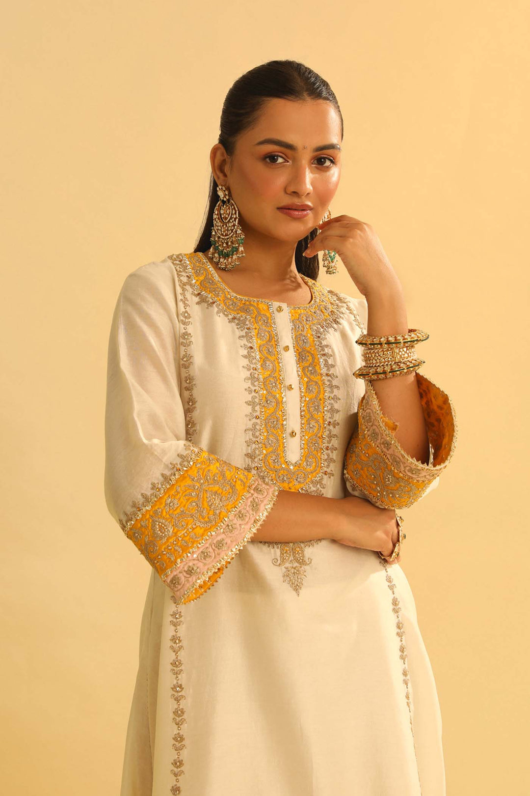Asmira - Daisy Ivory Long Kurta With Palazzo & Dupatta
