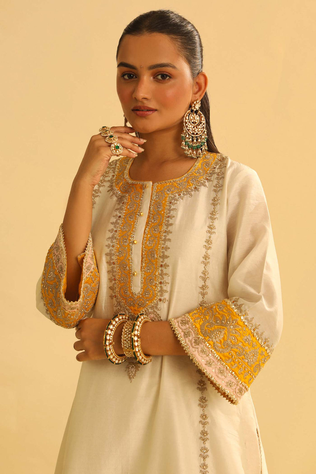 Asmira - Daisy Ivory Long Kurta With Palazzo & Dupatta