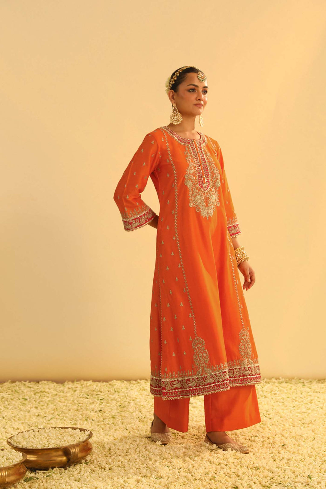 Mayra - Orange Long Kurta With Palazzo & Dupatta
