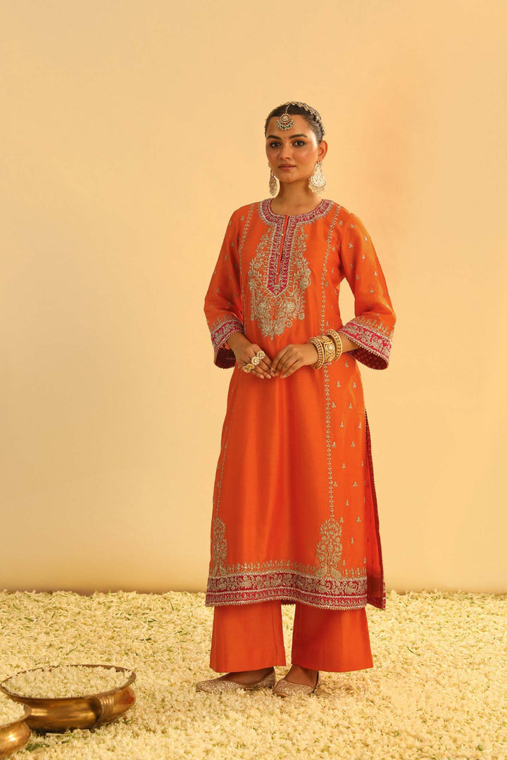 Mayra - Orange Long Kurta With Palazzo & Dupatta