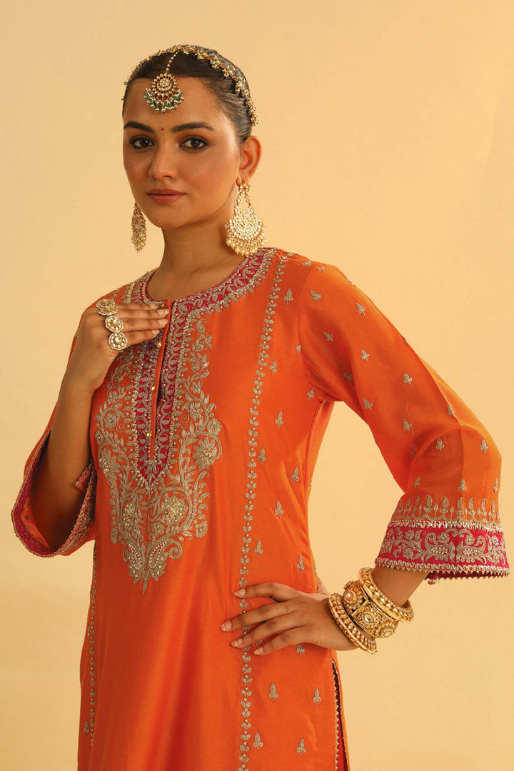 Mayra - Orange Long Kurta With Palazzo & Dupatta