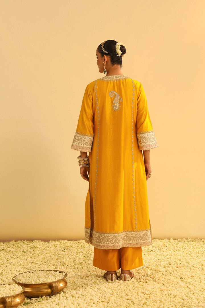 Asmira - Mustard Long Kurta With Palazzo & Dupatta