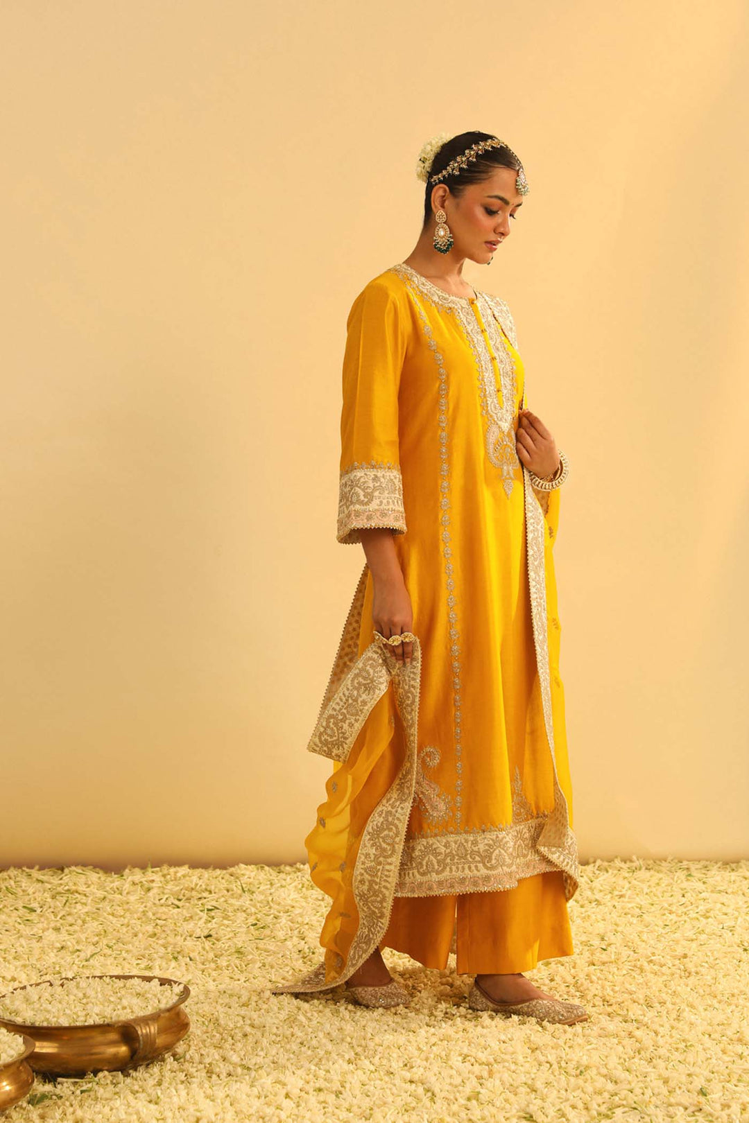 Asmira - Mustard Long Kurta With Palazzo & Dupatta
