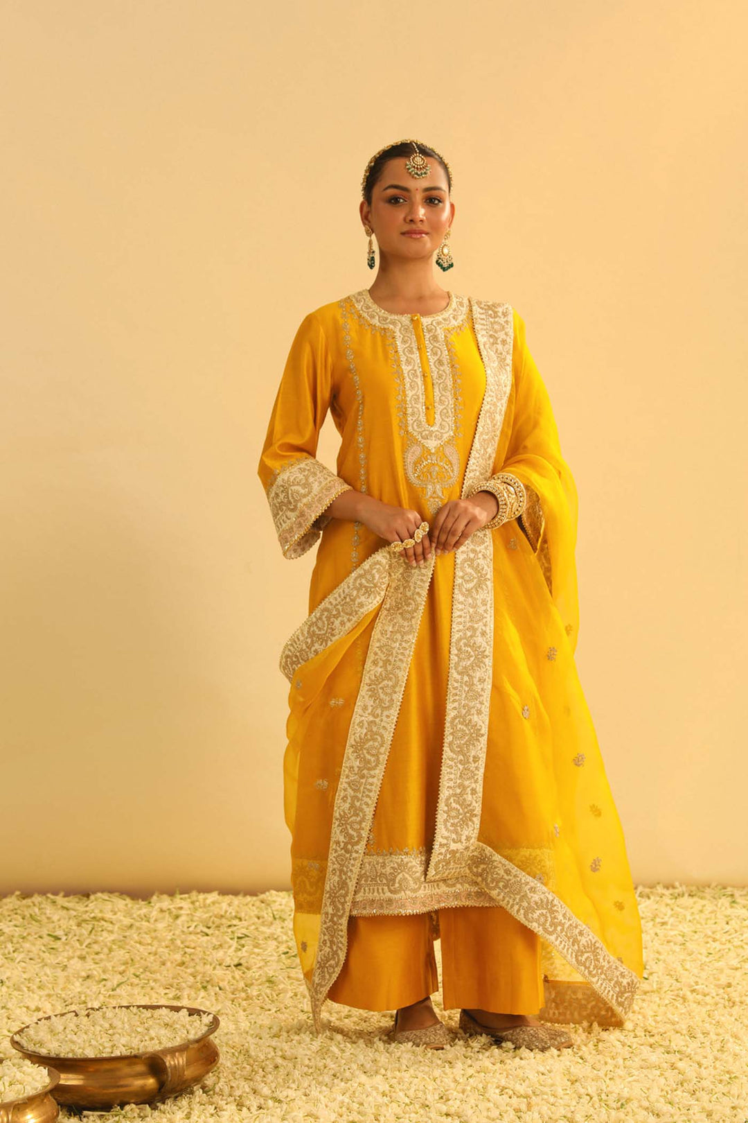 Asmira - Mustard Long Kurta With Palazzo & Dupatta