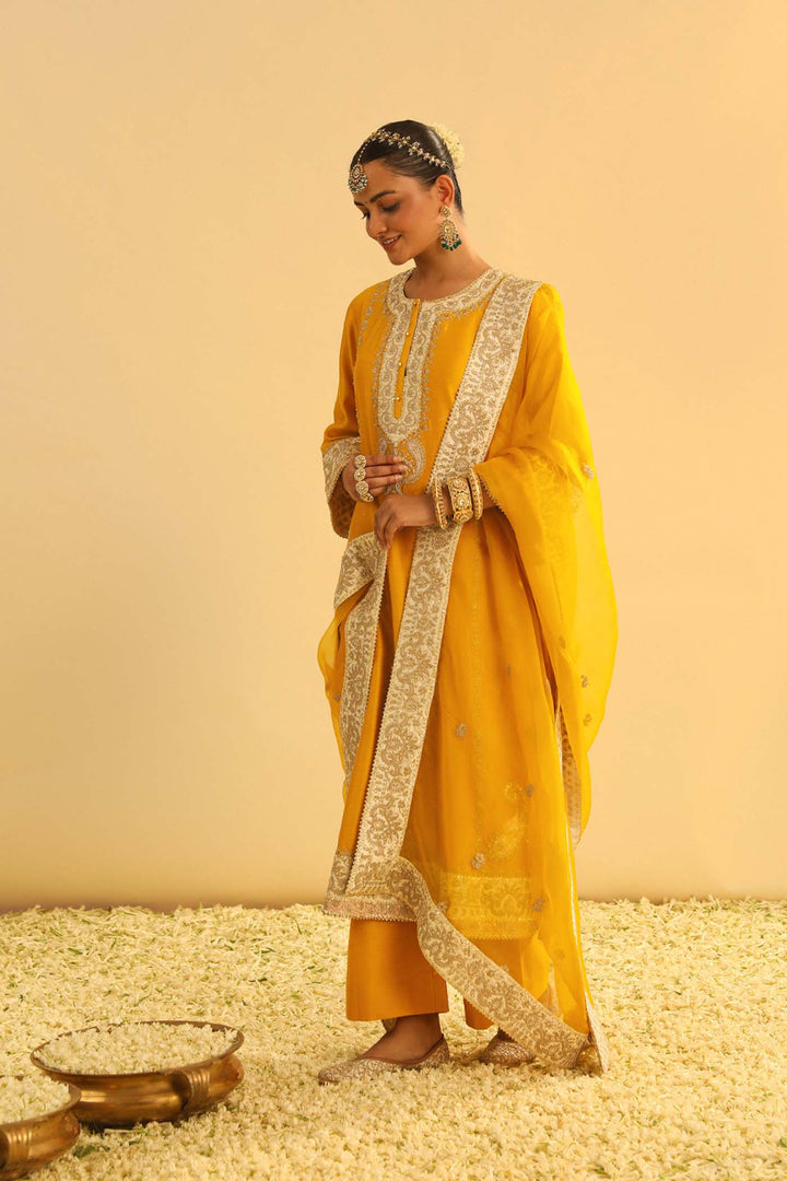 Asmira - Mustard Long Kurta With Palazzo & Dupatta