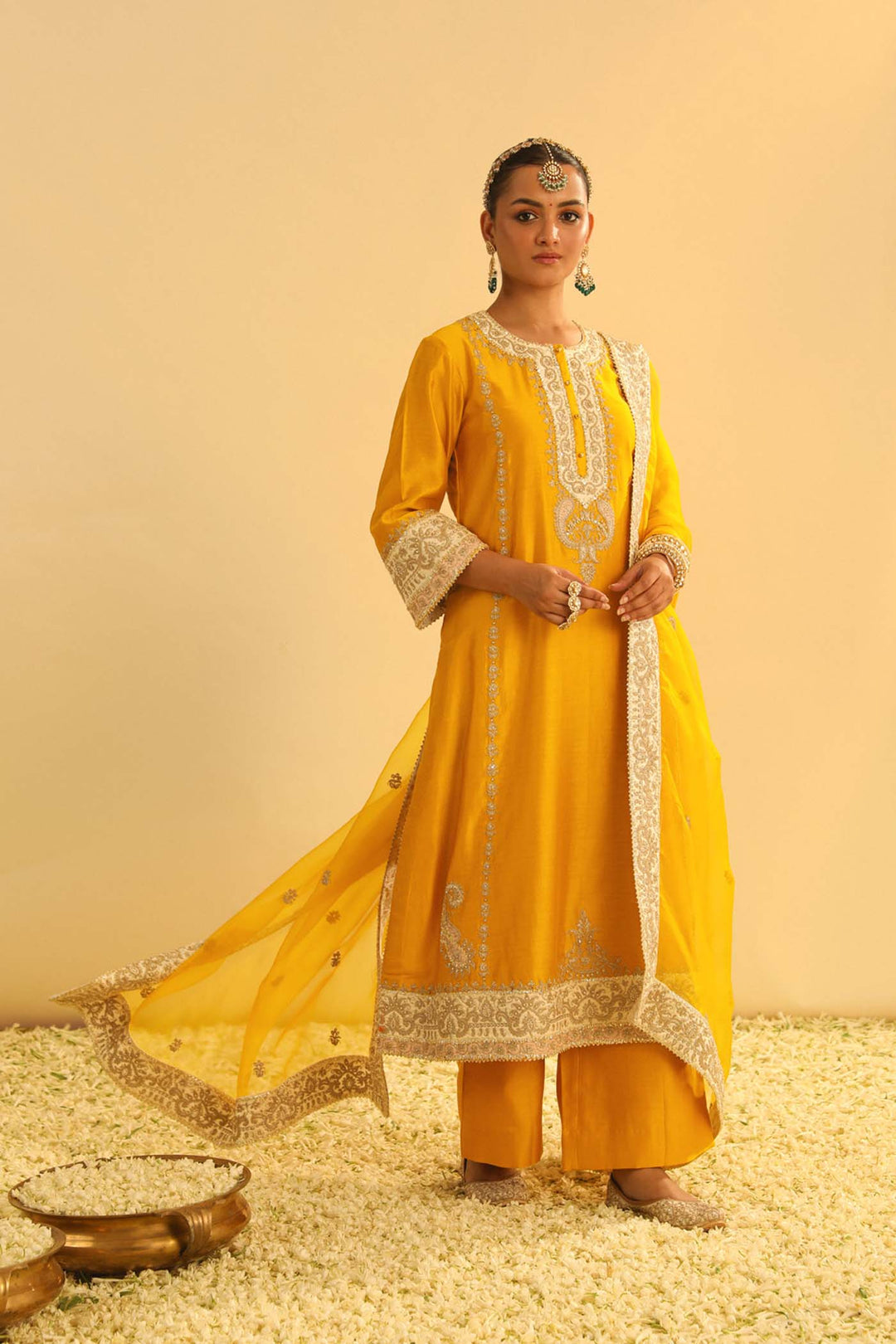 Asmira - Mustard Long Kurta With Palazzo & Dupatta