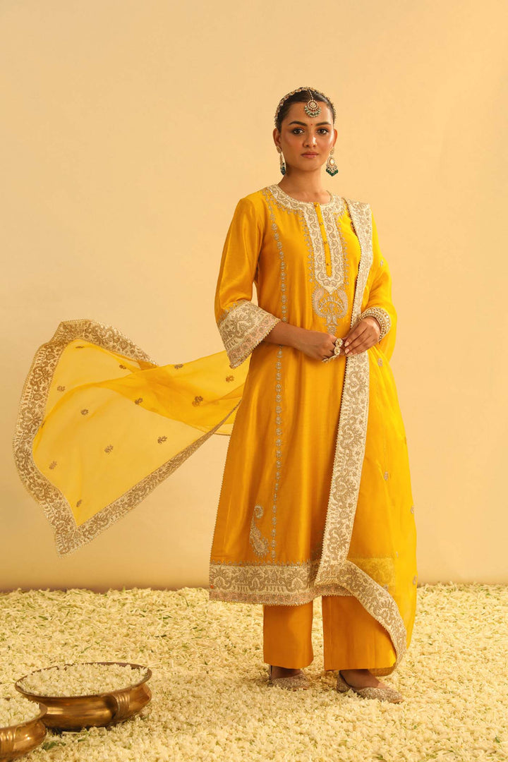 Asmira - Mustard Long Kurta With Palazzo & Dupatta
