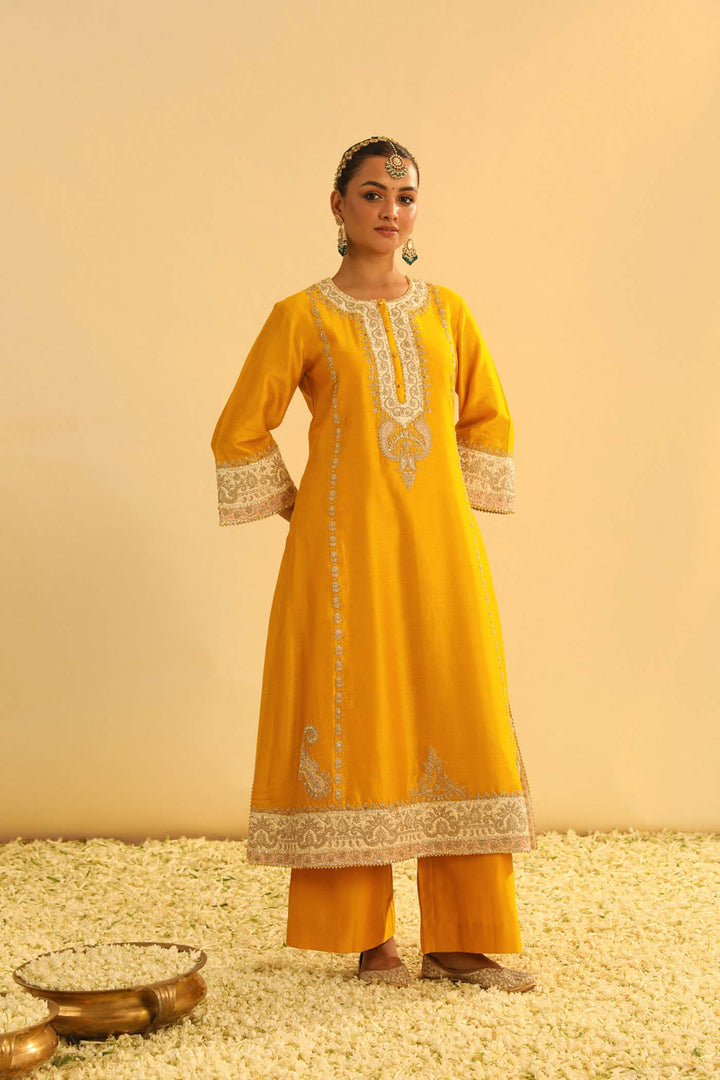Asmira - Mustard Long Kurta With Palazzo & Dupatta