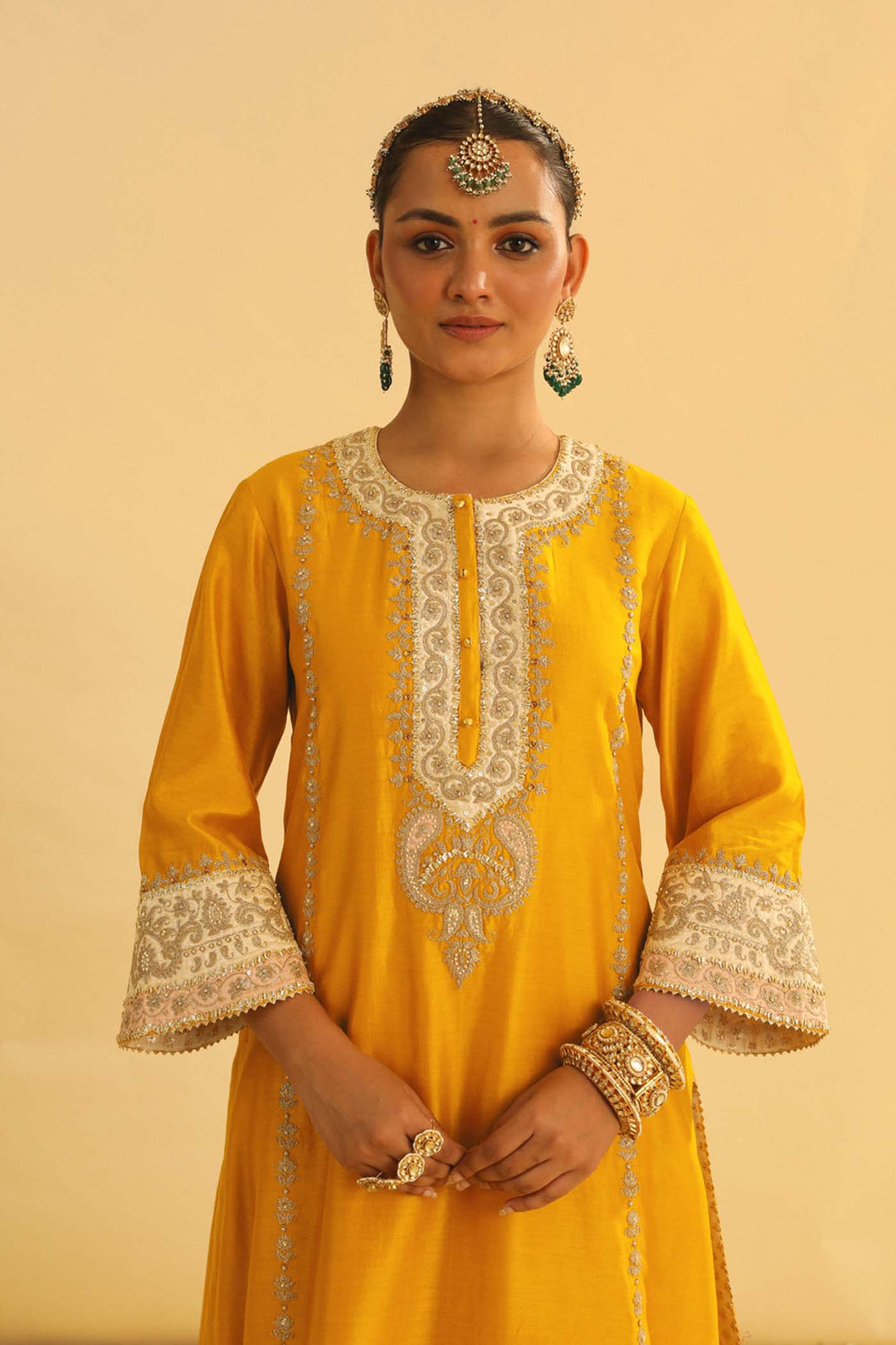 Asmira - Mustard Long Kurta With Palazzo & Dupatta