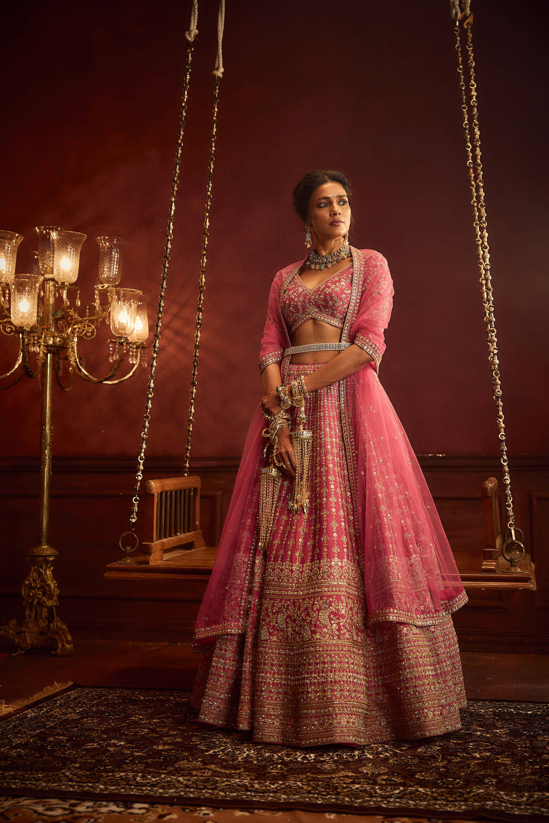 Rani Pink Raw Silk Hand & Machine Embroidered Lehenga Set
