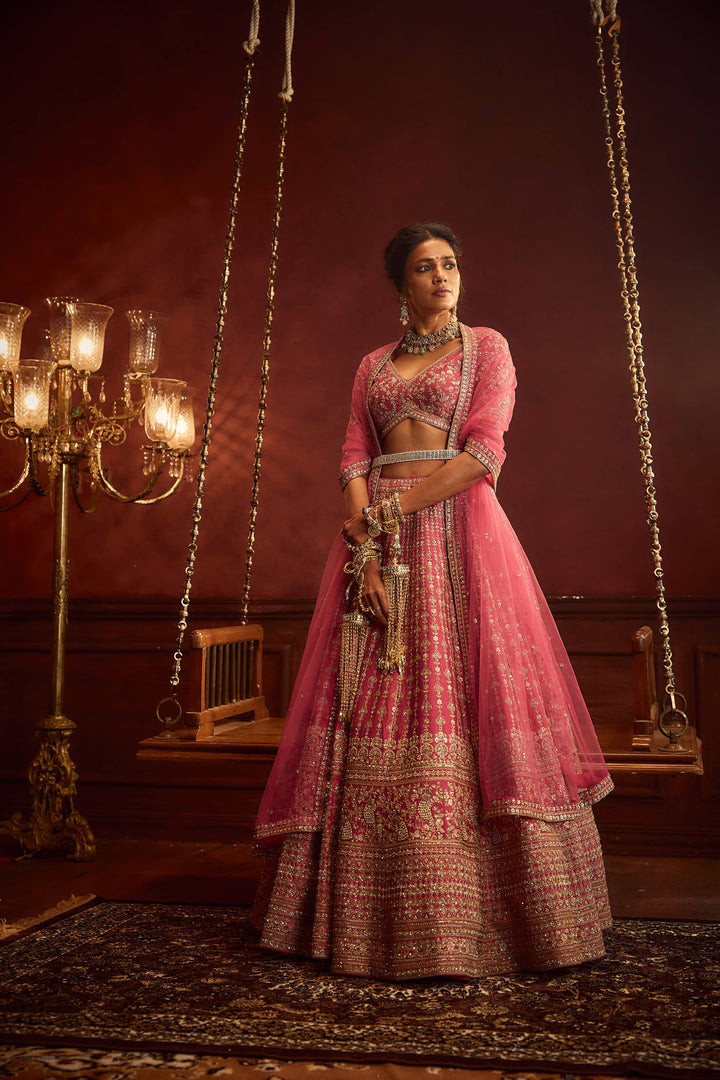 Rani Pink Raw Silk Hand & Machine Embroidered Lehenga Set
