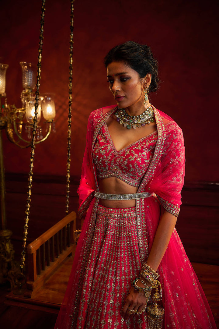 Rani Pink Raw Silk Hand & Machine Embroidered Lehenga Set