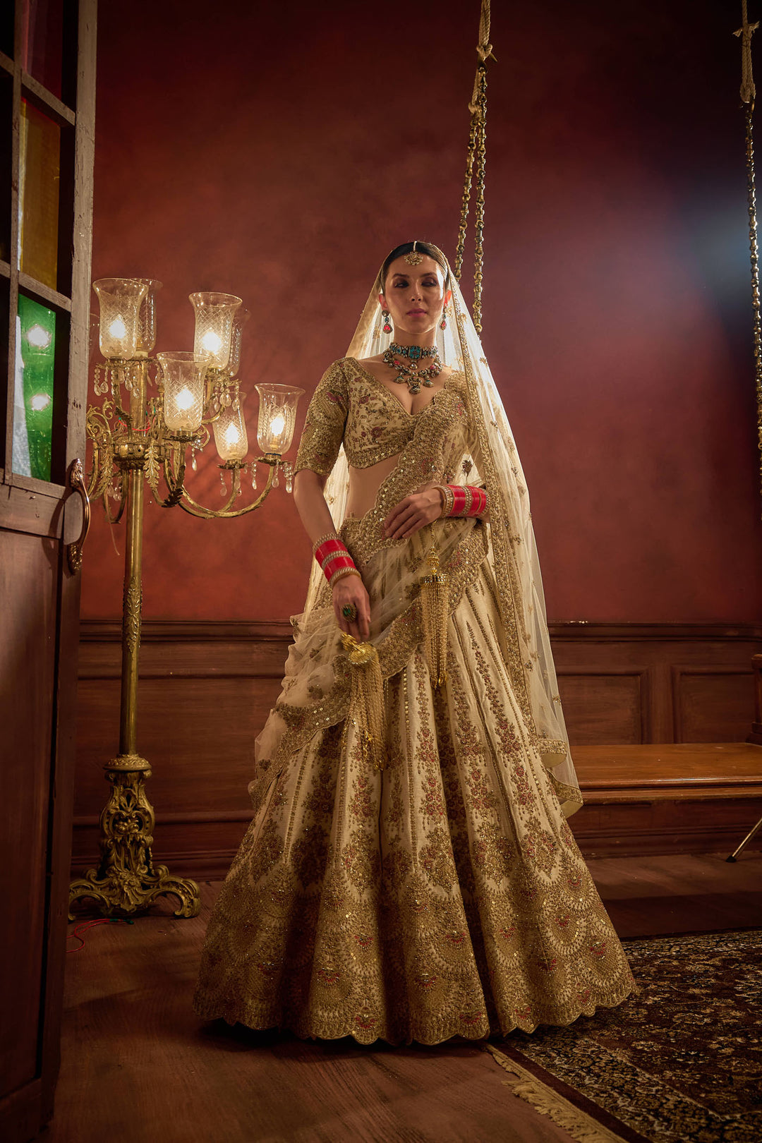 Ivory Raw Silk Hand & Machine Embroidered Lehenga Set