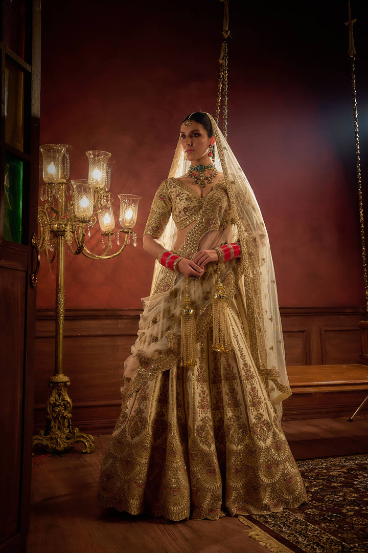 Ivory Raw Silk Hand & Machine Embroidered Lehenga Set