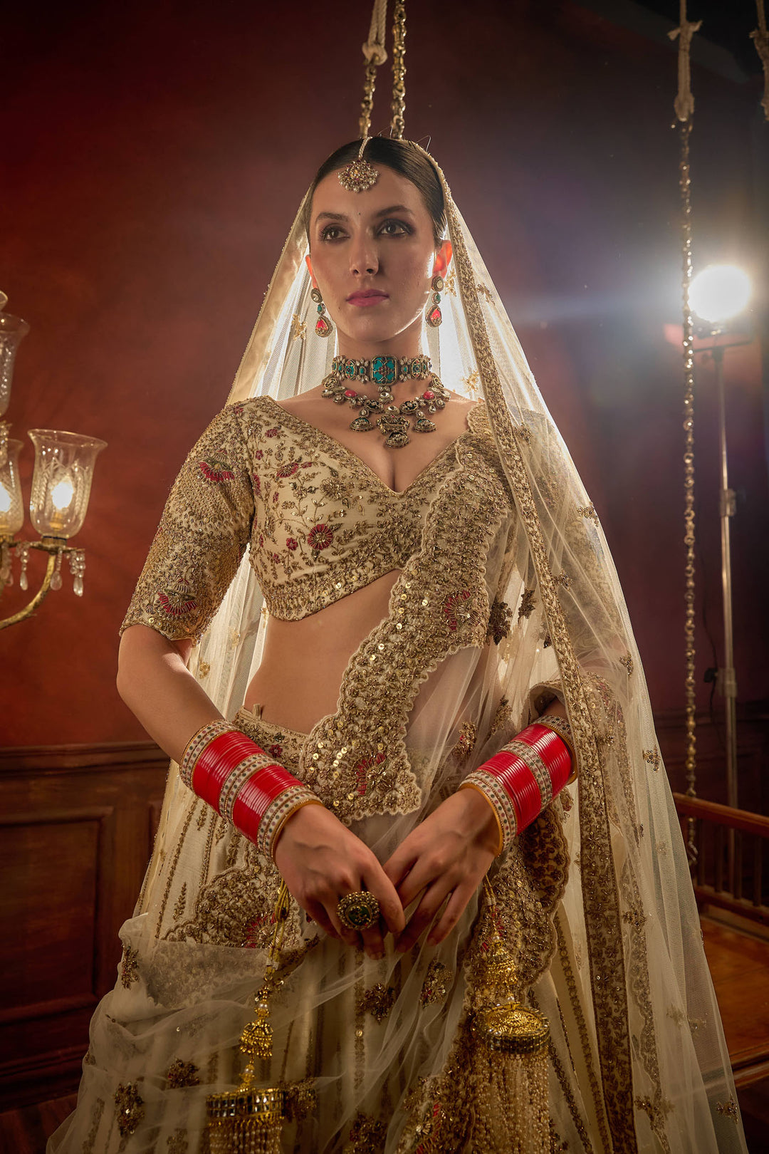 Ivory Raw Silk Hand & Machine Embroidered Lehenga Set