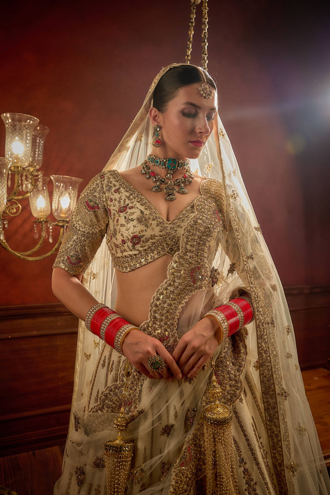 Ivory Raw Silk Hand & Machine Embroidered Lehenga Set