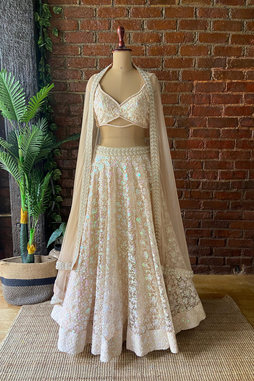 Beige Sequin Work Lehenga Set