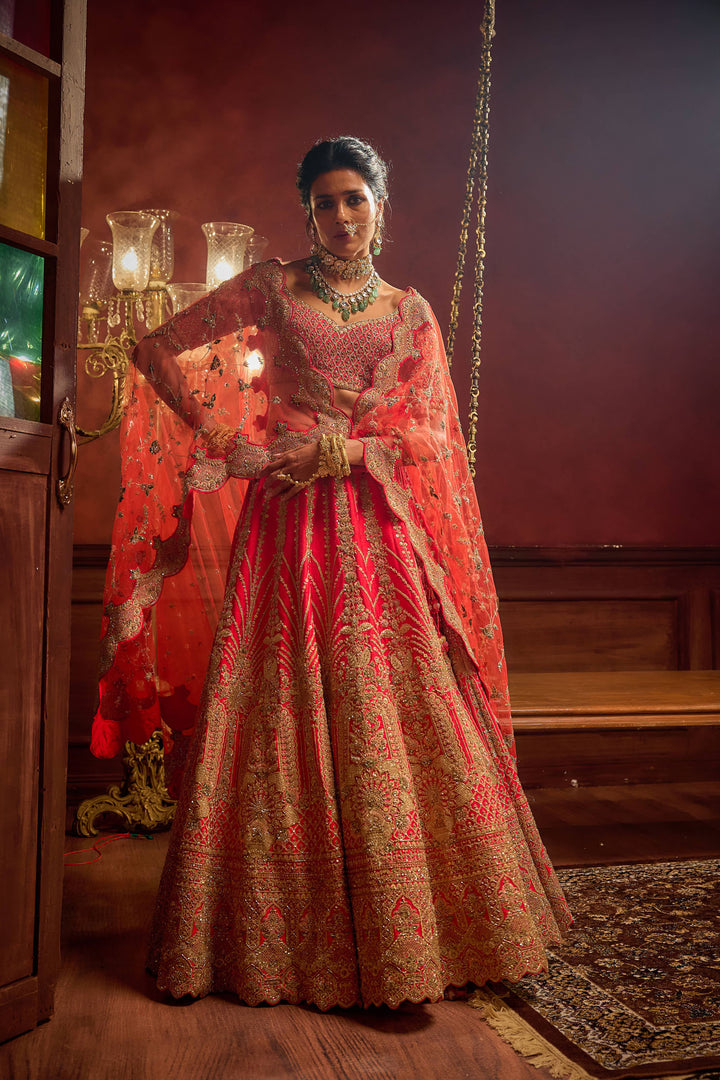Rani Pink Raw Silk Hand & Machine Embroidered Lehenga Set