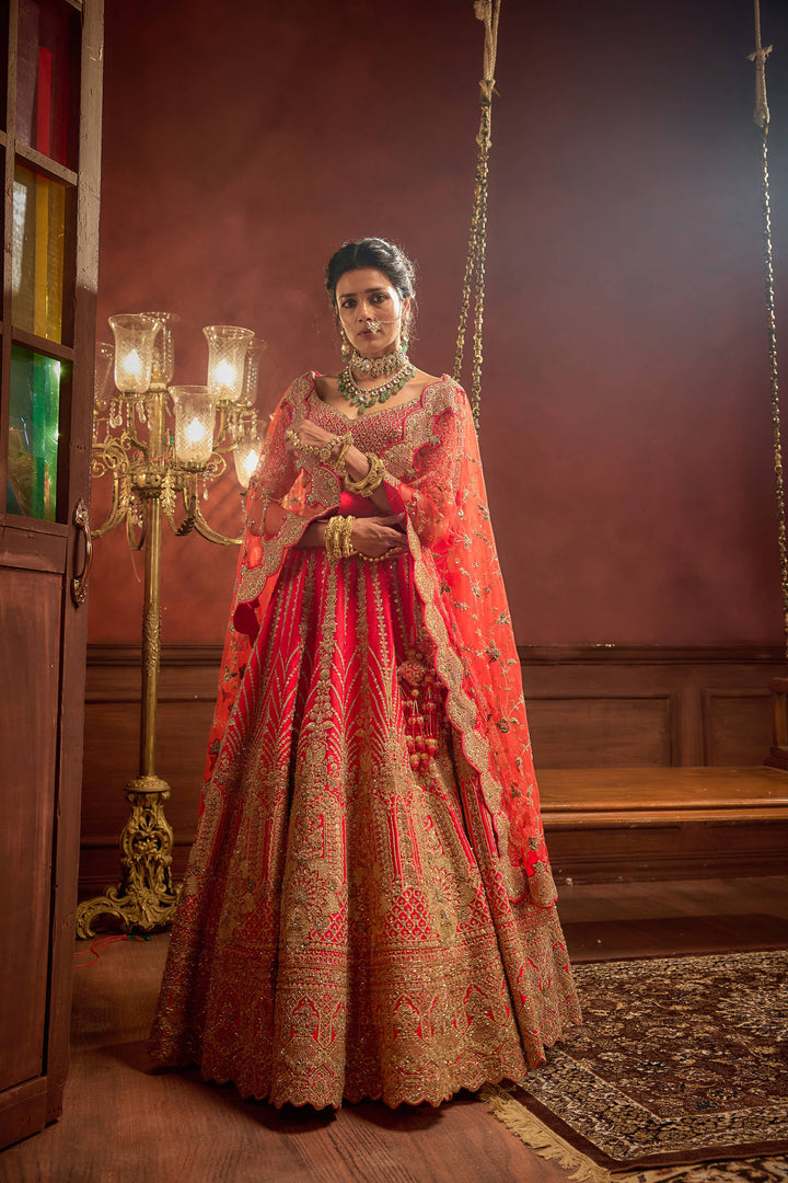 Rani Pink Raw Silk Hand & Machine Embroidered Lehenga Set