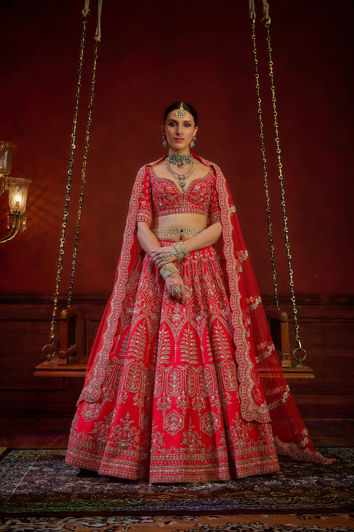 Red Raw Silk Hand & Machine Embroidered Lehenga Set