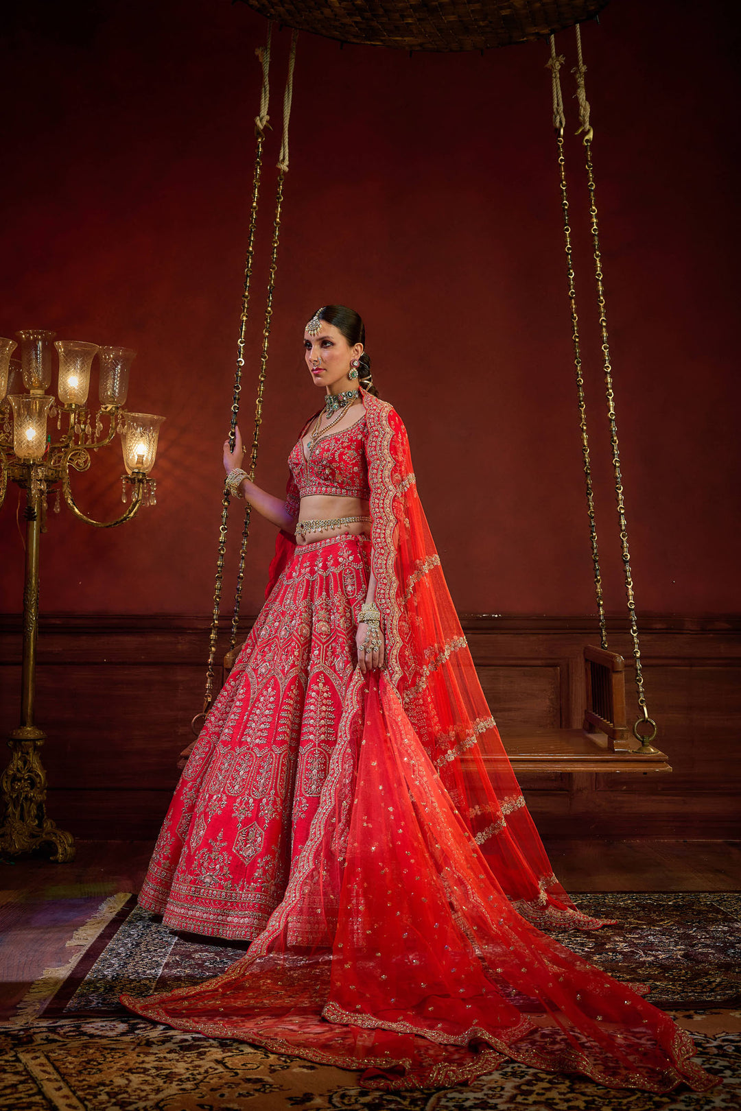 Red Raw Silk Hand & Machine Embroidered Lehenga Set