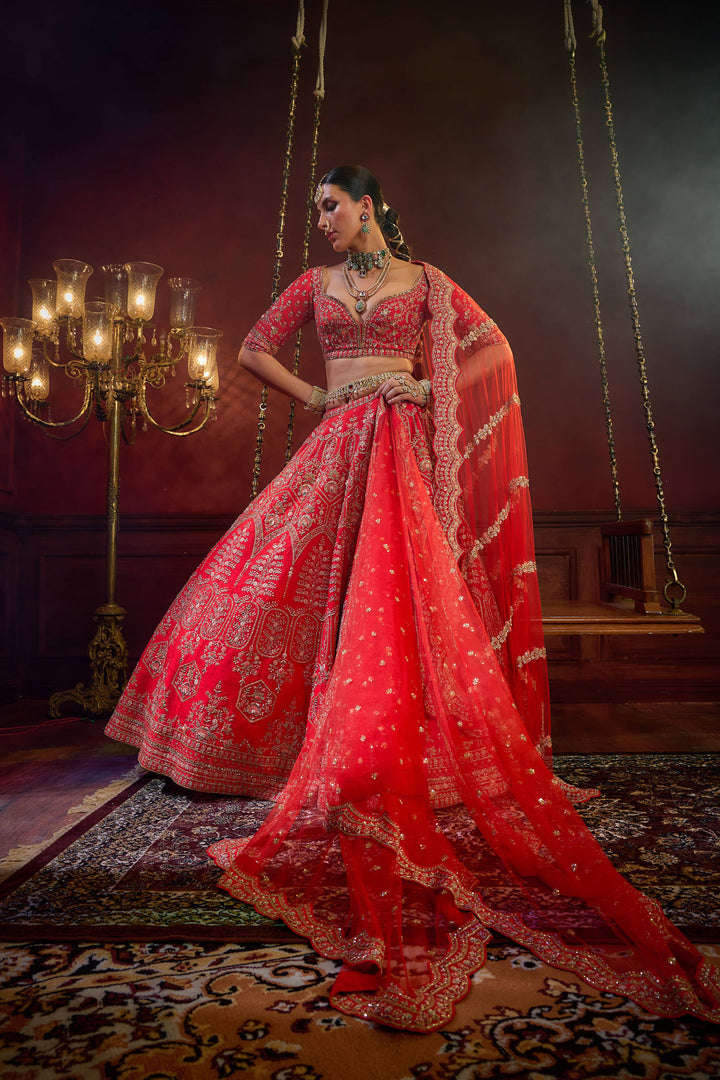 Red Raw Silk Hand & Machine Embroidered Lehenga Set