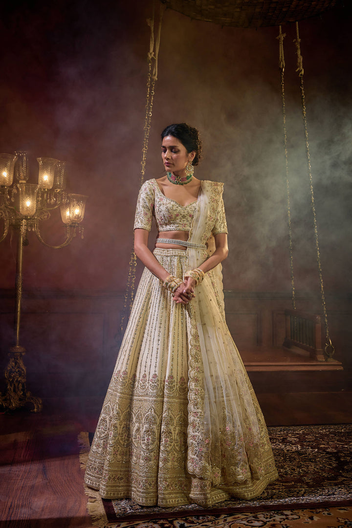 Ivory Raw Silk Hand & Machine Embroidered Lehenga Set