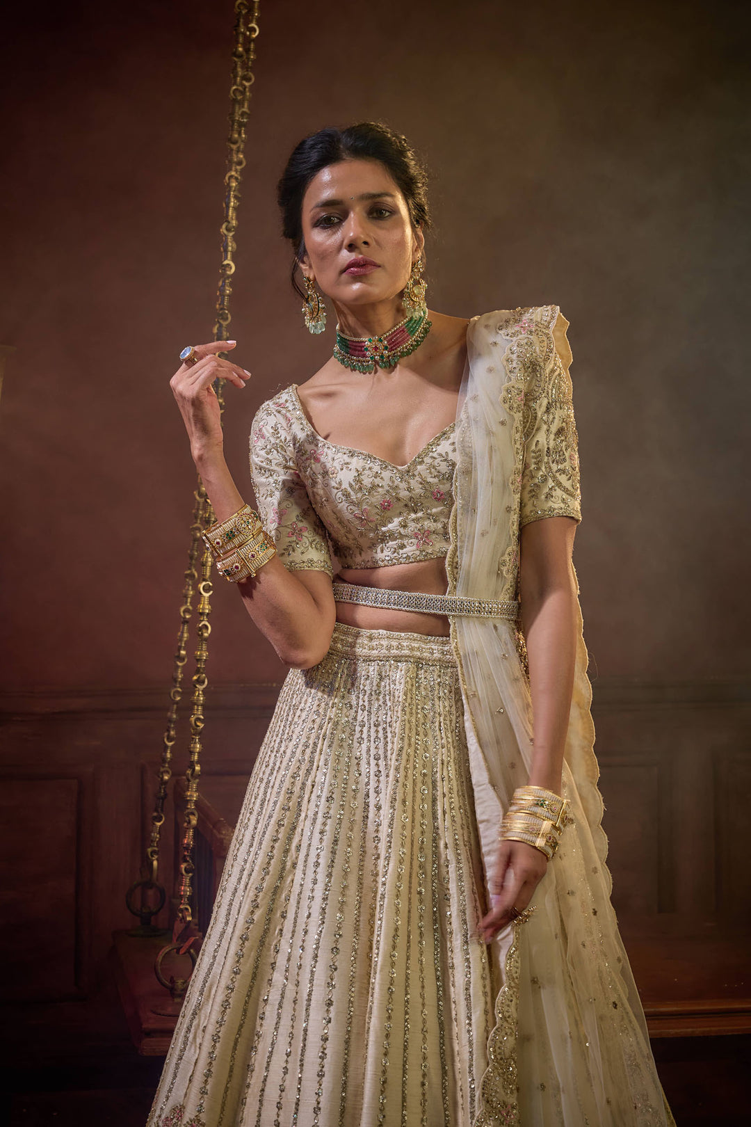 Ivory Raw Silk Hand & Machine Embroidered Lehenga Set