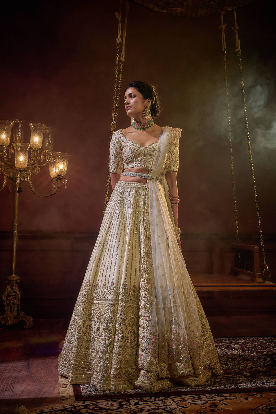 Ivory Raw Silk Hand & Machine Embroidered Lehenga Set