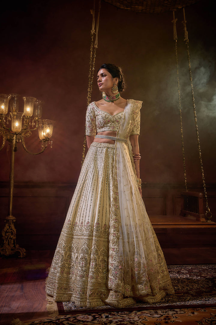 Ivory Raw Silk Hand & Machine Embroidered Lehenga Set