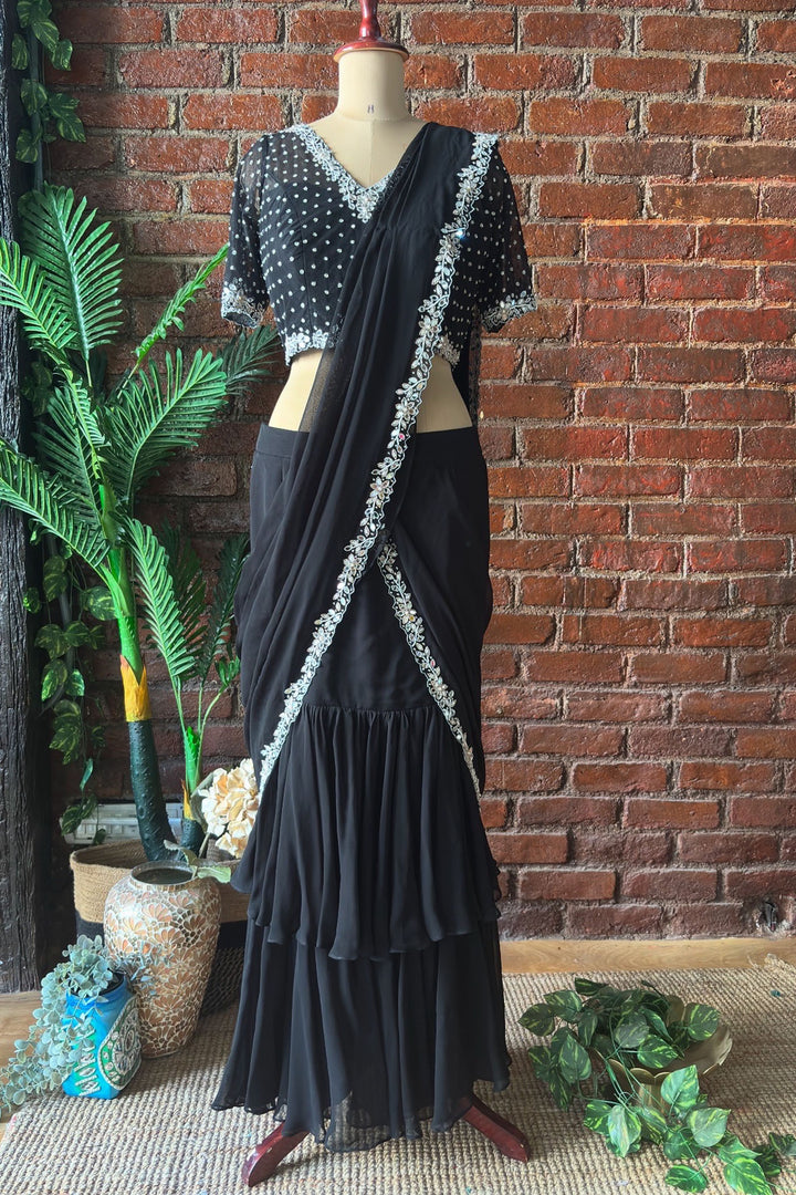 Black Ruffle Saree With Mirror Embroidery