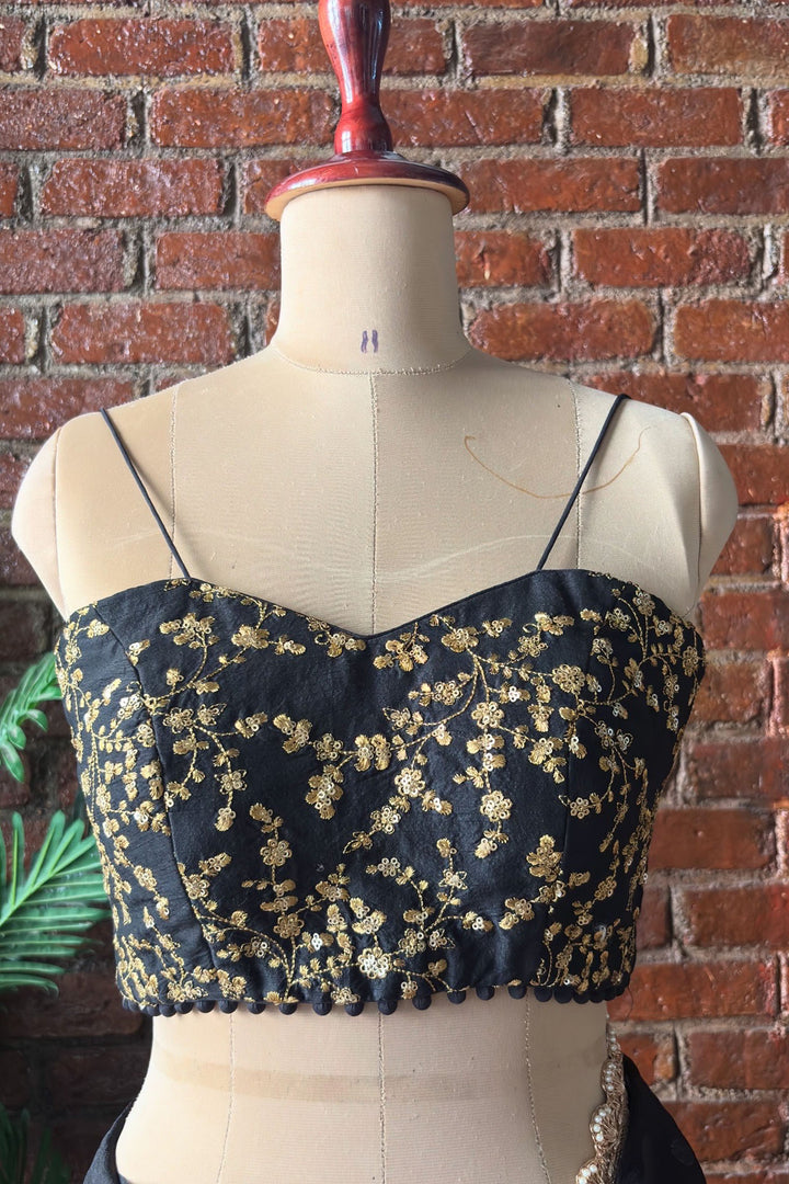 Black Organza Saree With Mirror Work Corset Belt