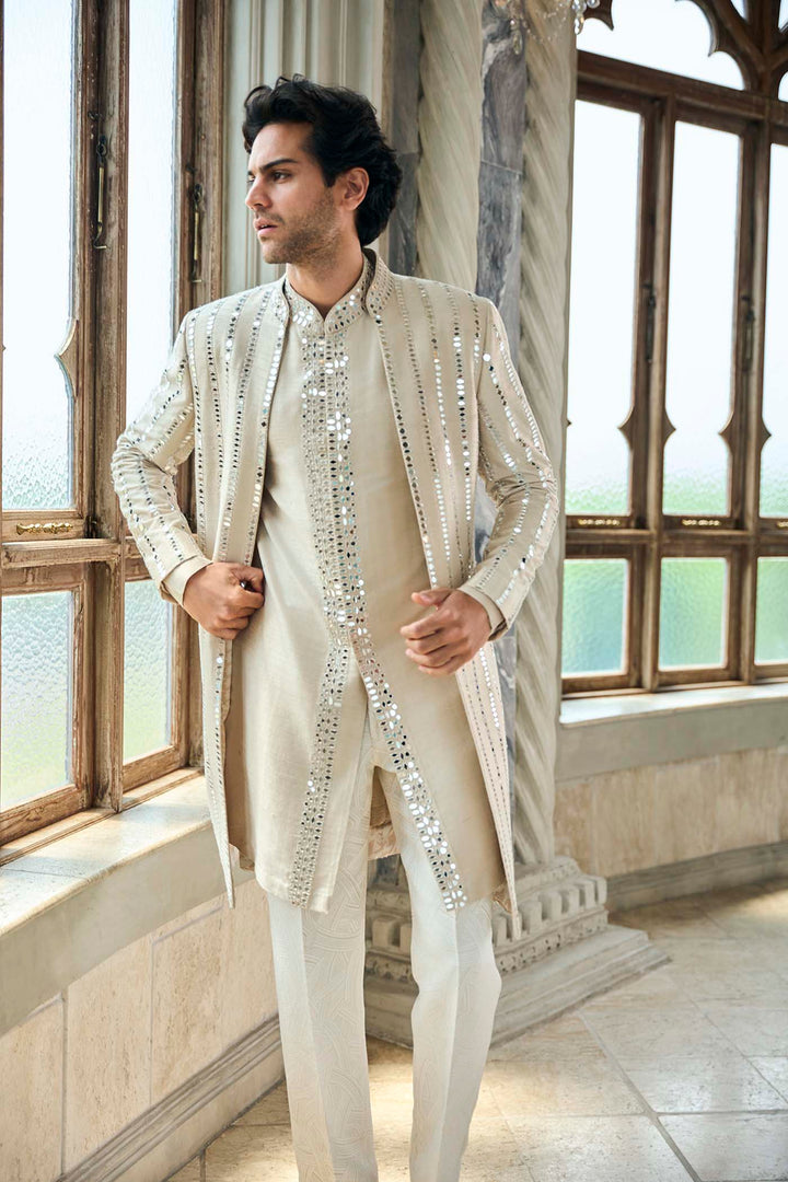 Beige Mirror Work Sherwani Set