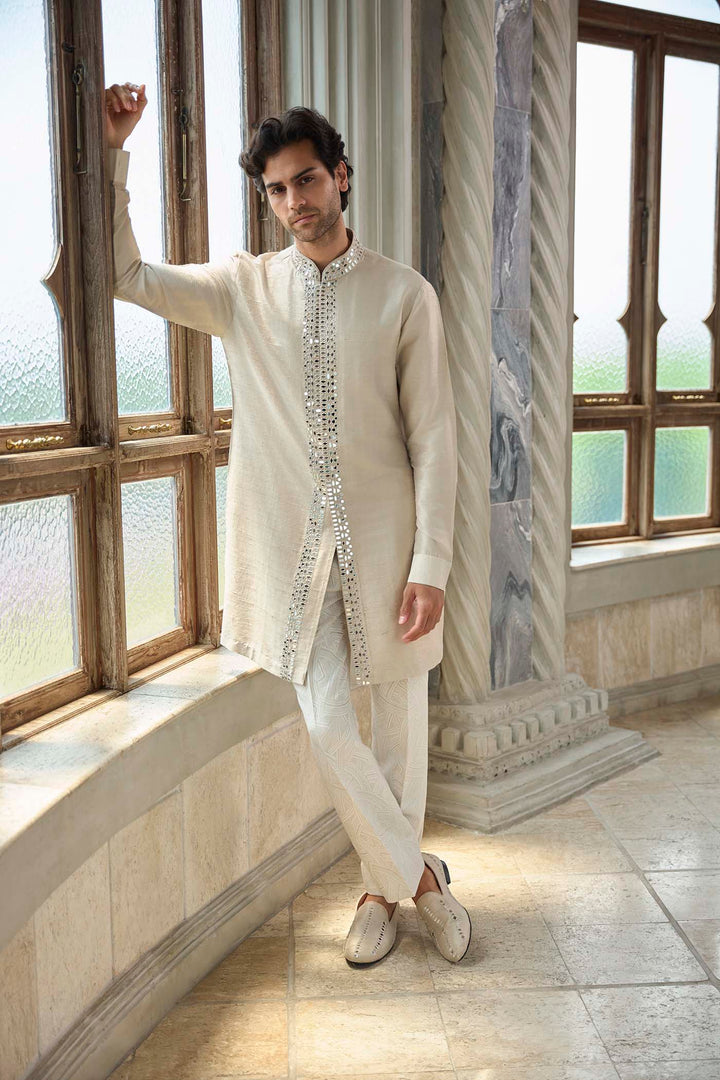 Beige Mirror Work Sherwani Set
