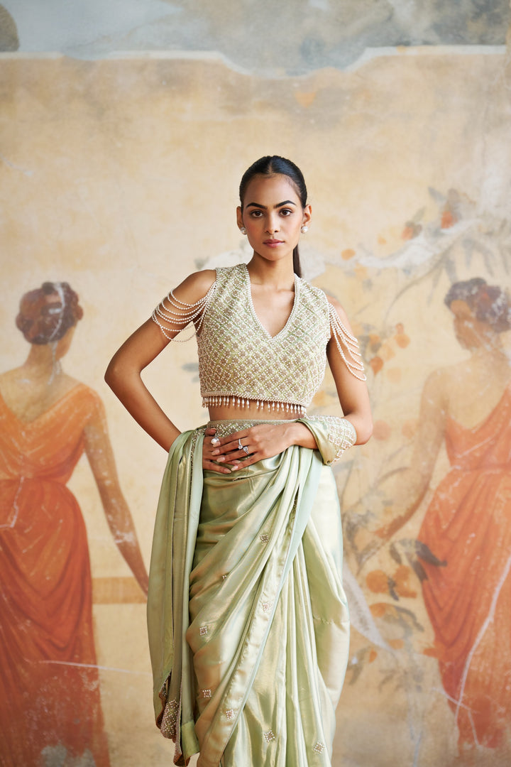 Mint Green Pearl Saree Set
