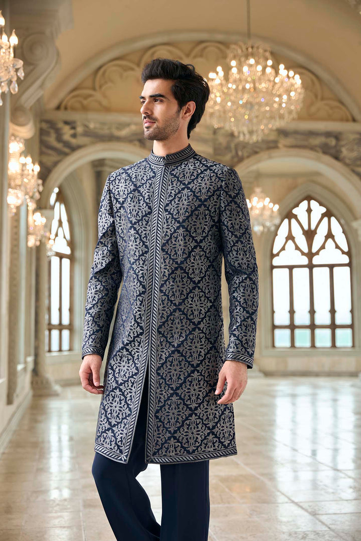 Navy & Silver Zari Sherwani Set