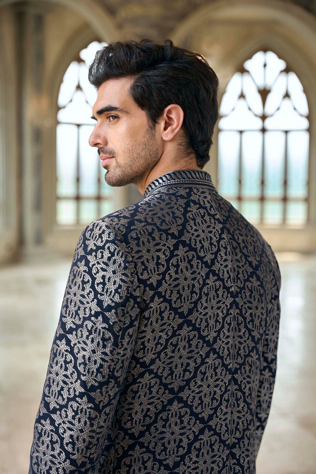 Navy & Silver Zari Sherwani Set