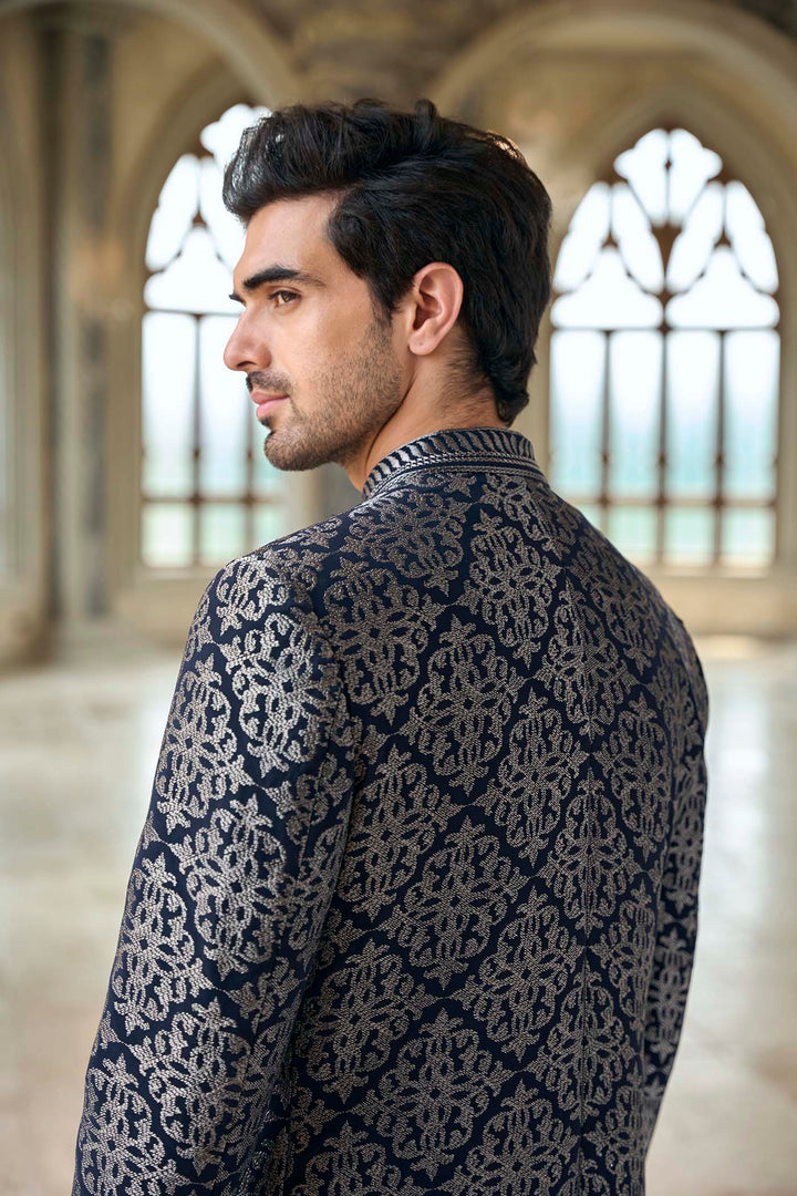 Navy & Silver Zari Sherwani Set