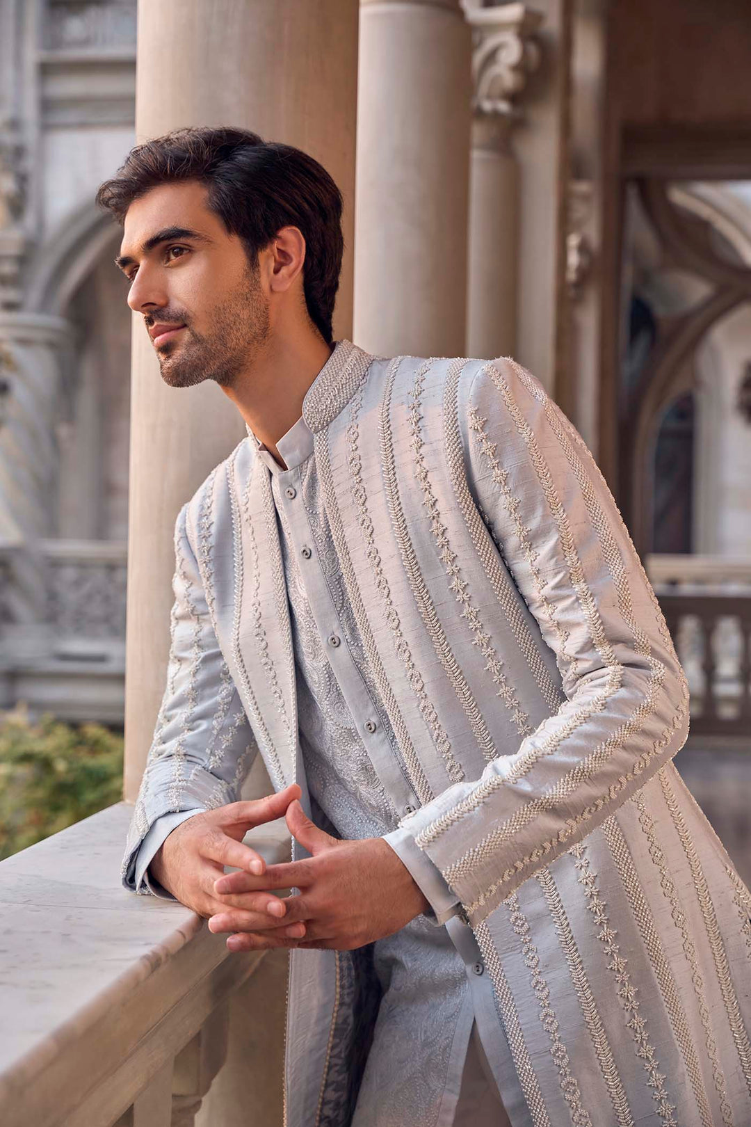 Powder Blue Pearl Open Sherwani Set