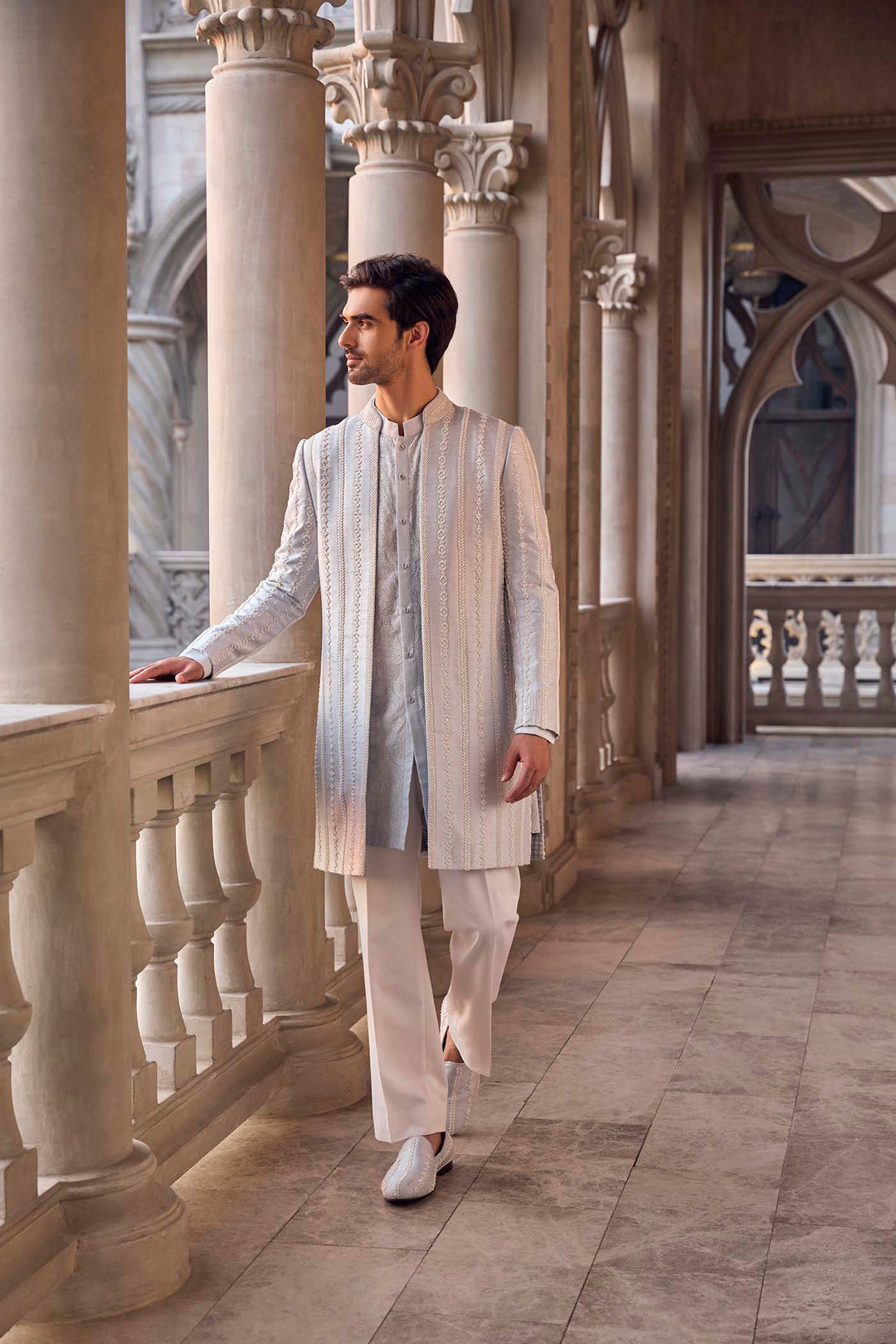 Powder Blue Pearl Open Sherwani Set
